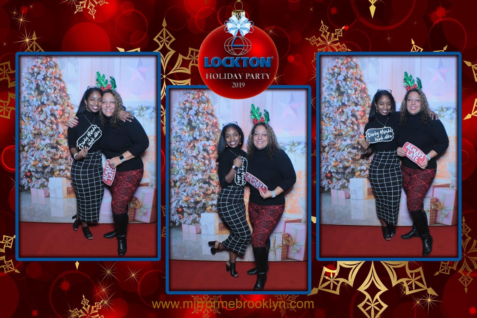 Colleagues at the Lockton Holiday Party photo booth