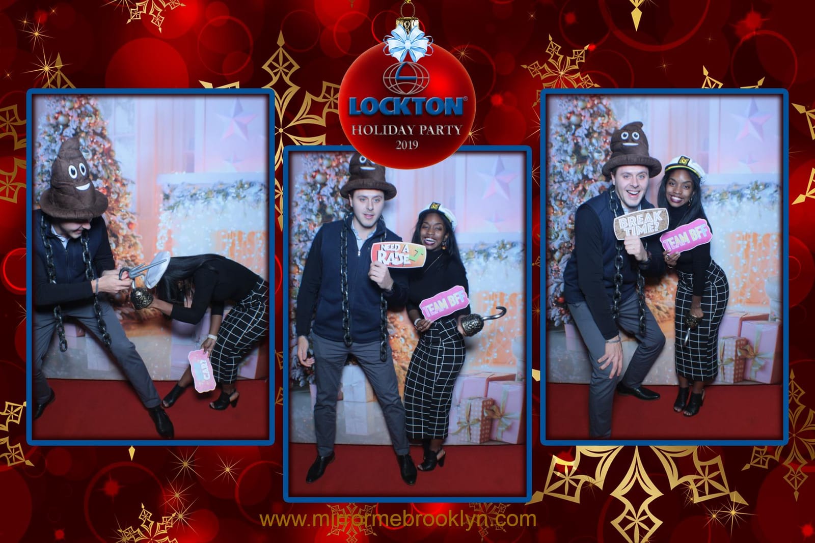 Colleagues posing at the Lockton Holiday Party booth