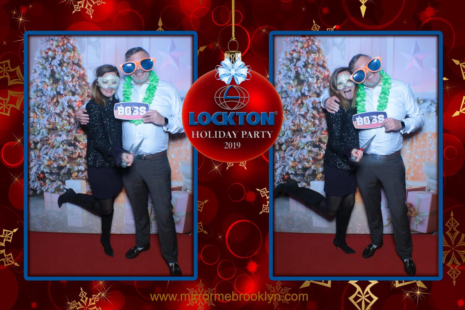 Colleagues celebrating at the Lockton Holiday Party photo booth