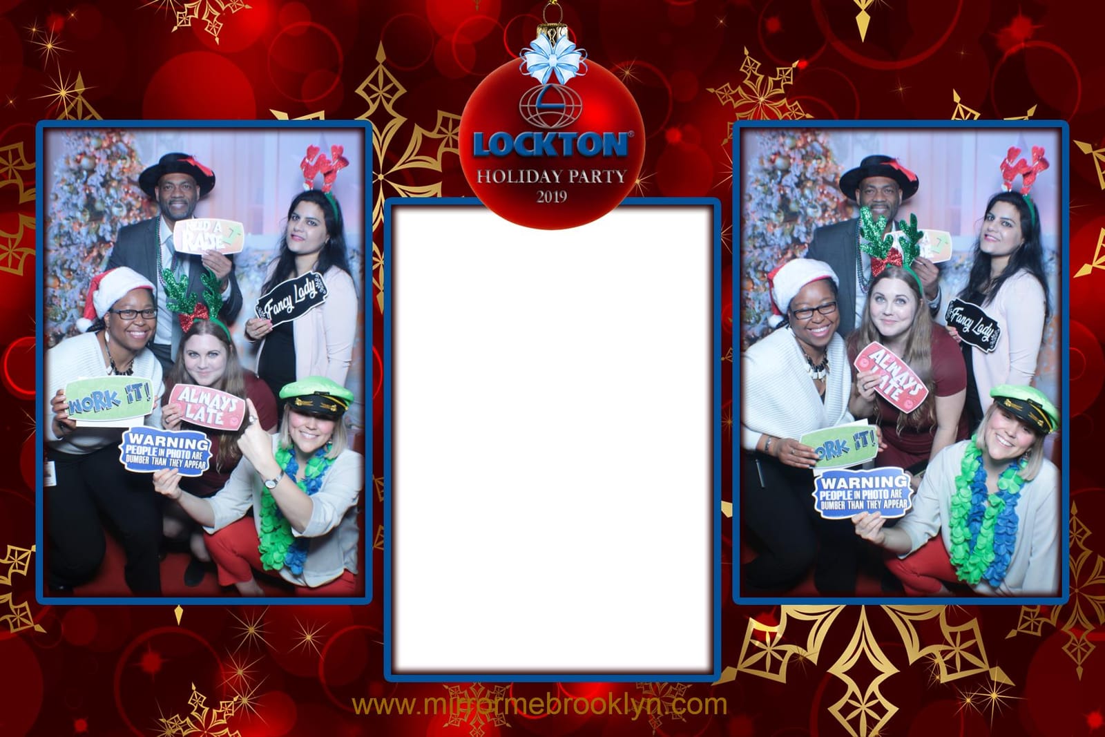 Colleagues at the Lockton 2019 Holiday Party booth