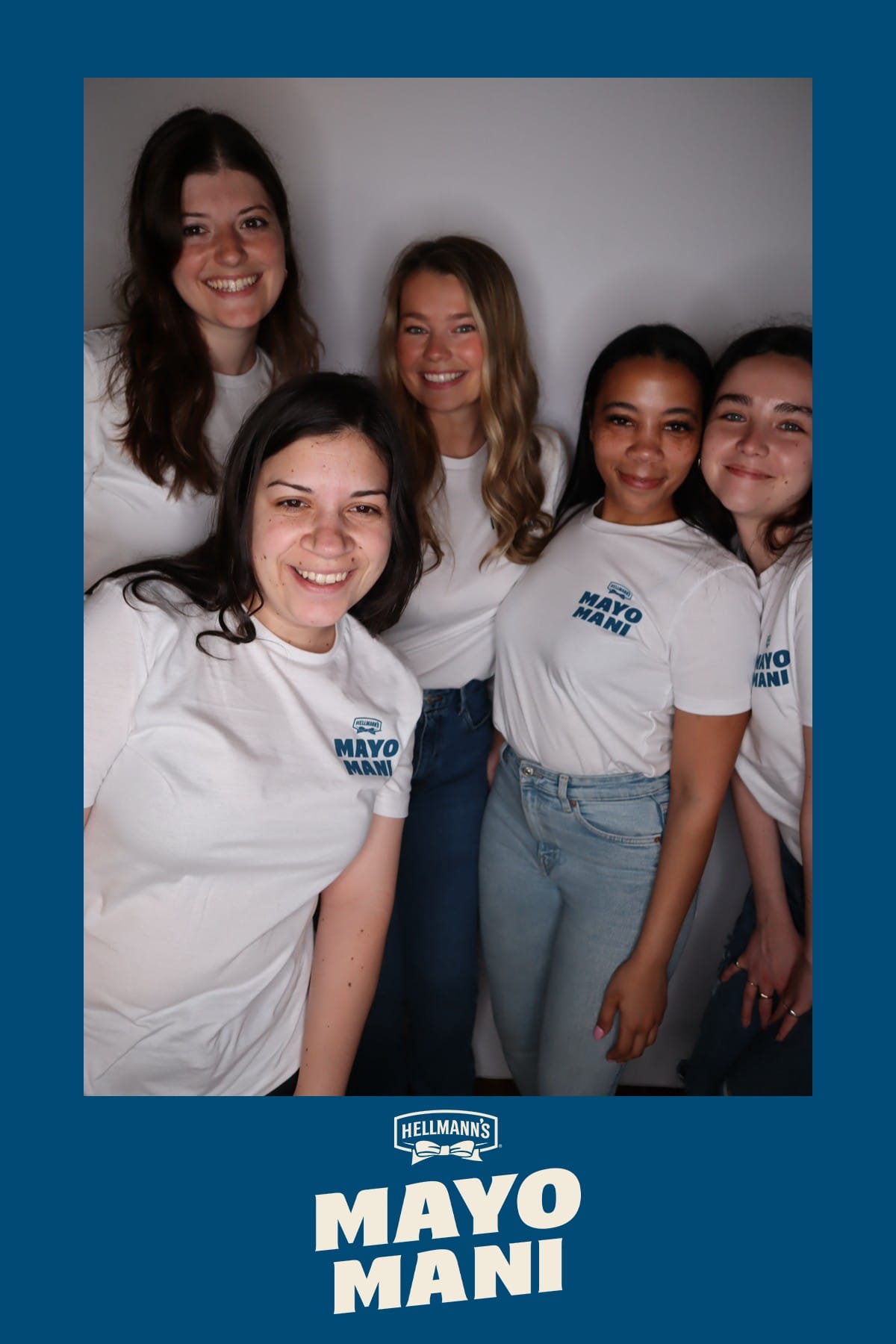 Five friends in Mayo Mani t-shirts at the Hellmann's activation photo booth