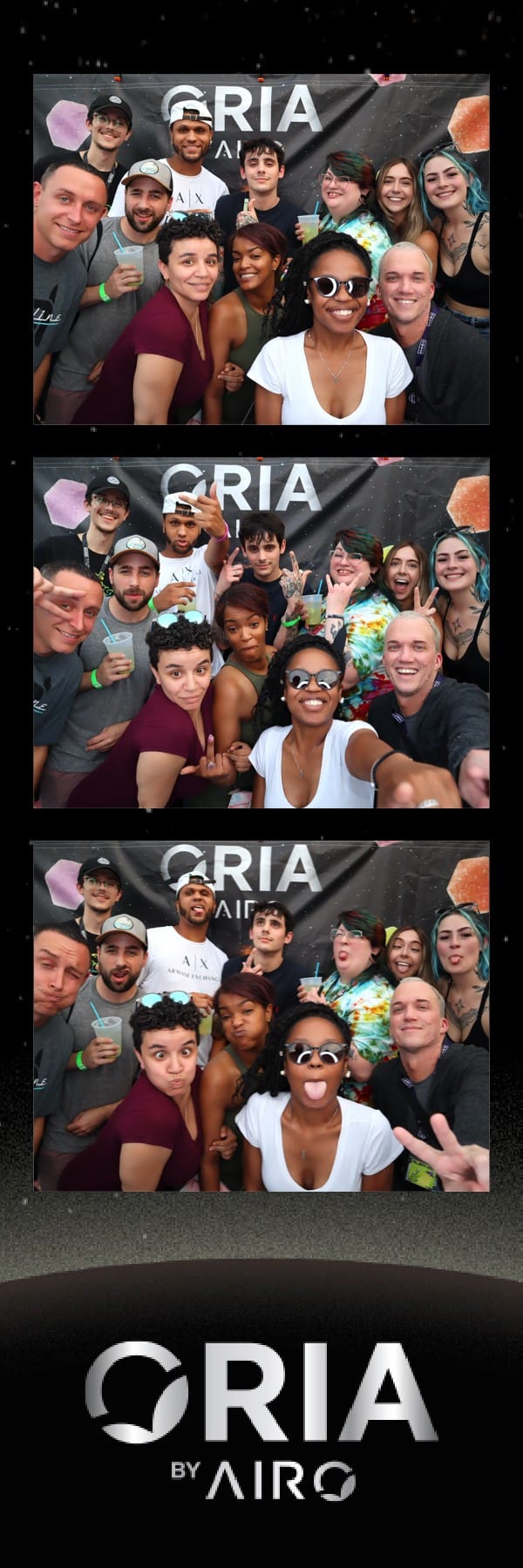 Large group crowding into the frame at the Oria by Airo photo booth — cosmic backdrop