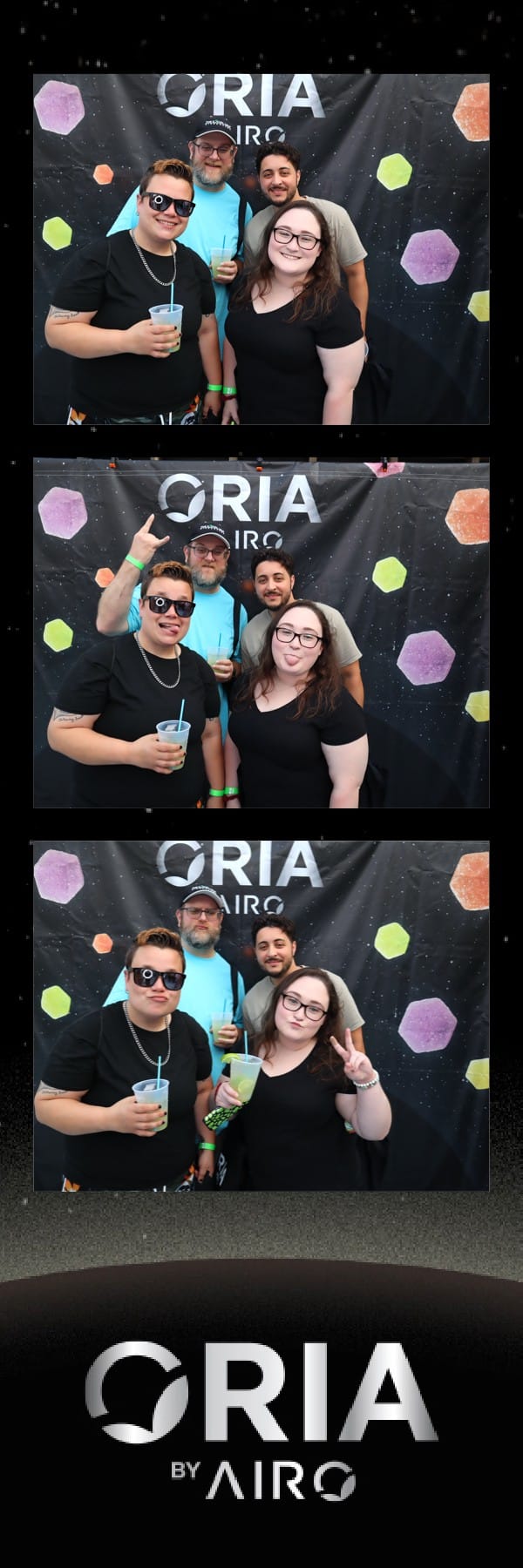 Group of three men posing at the Oria by Airo cosmic backdrop, one in an Armani Exchange tee