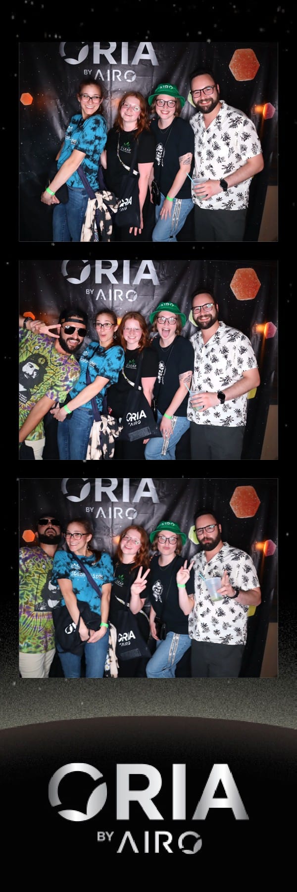 Group of five friends posing together at the Oria by Airo photo strip booth
