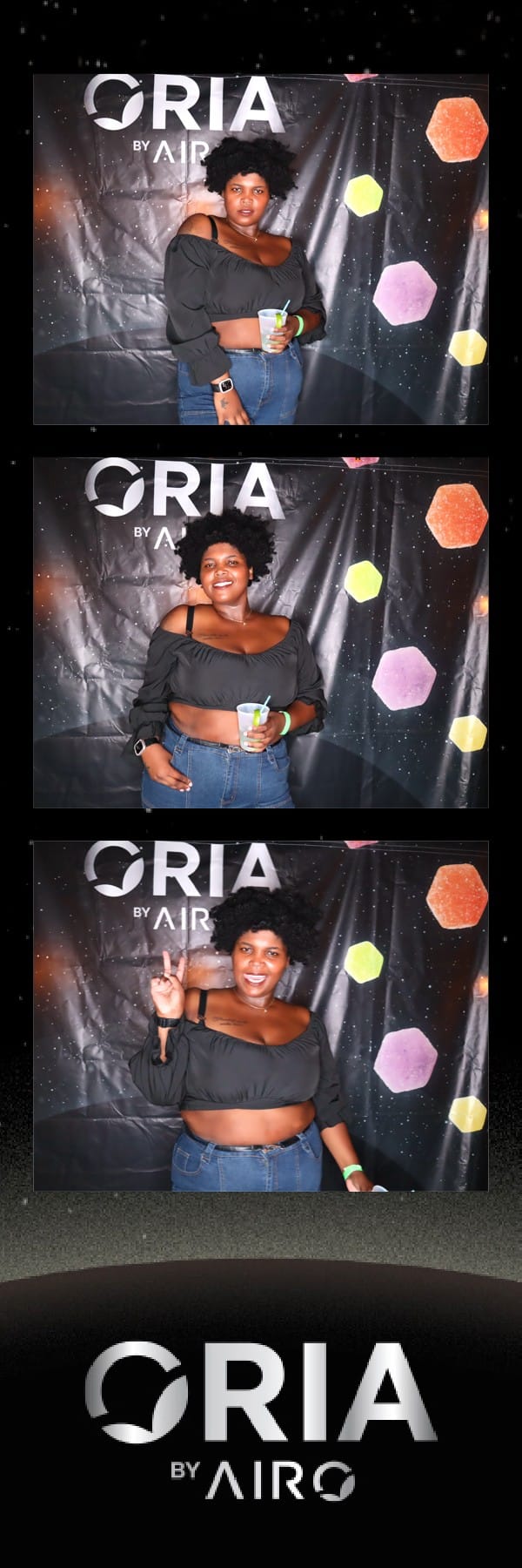 Two friends posing at the Oria by Airo booth in outdoor daylight