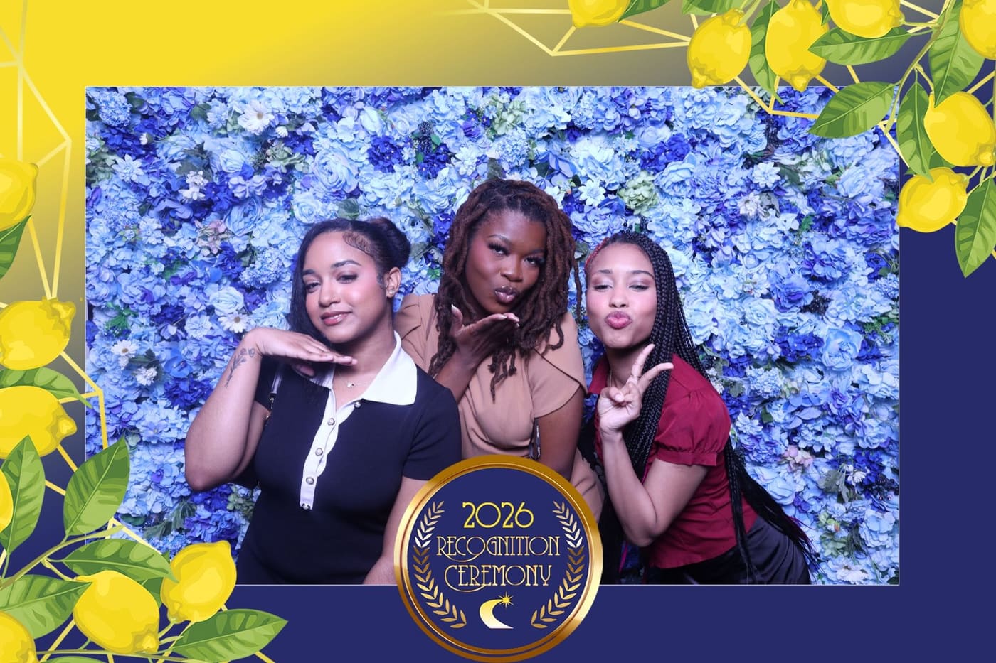 Three guests blowing kisses at the recognition ceremony photo booth