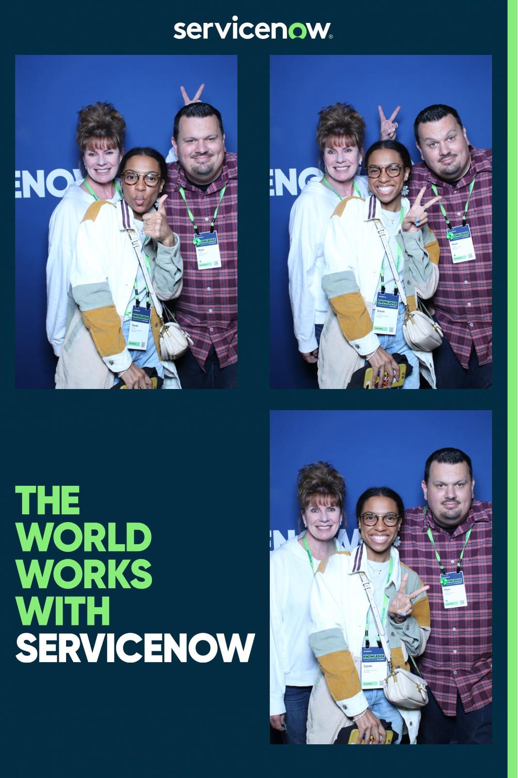 Three ServiceNow attendees posing at the branded blue backdrop photo booth