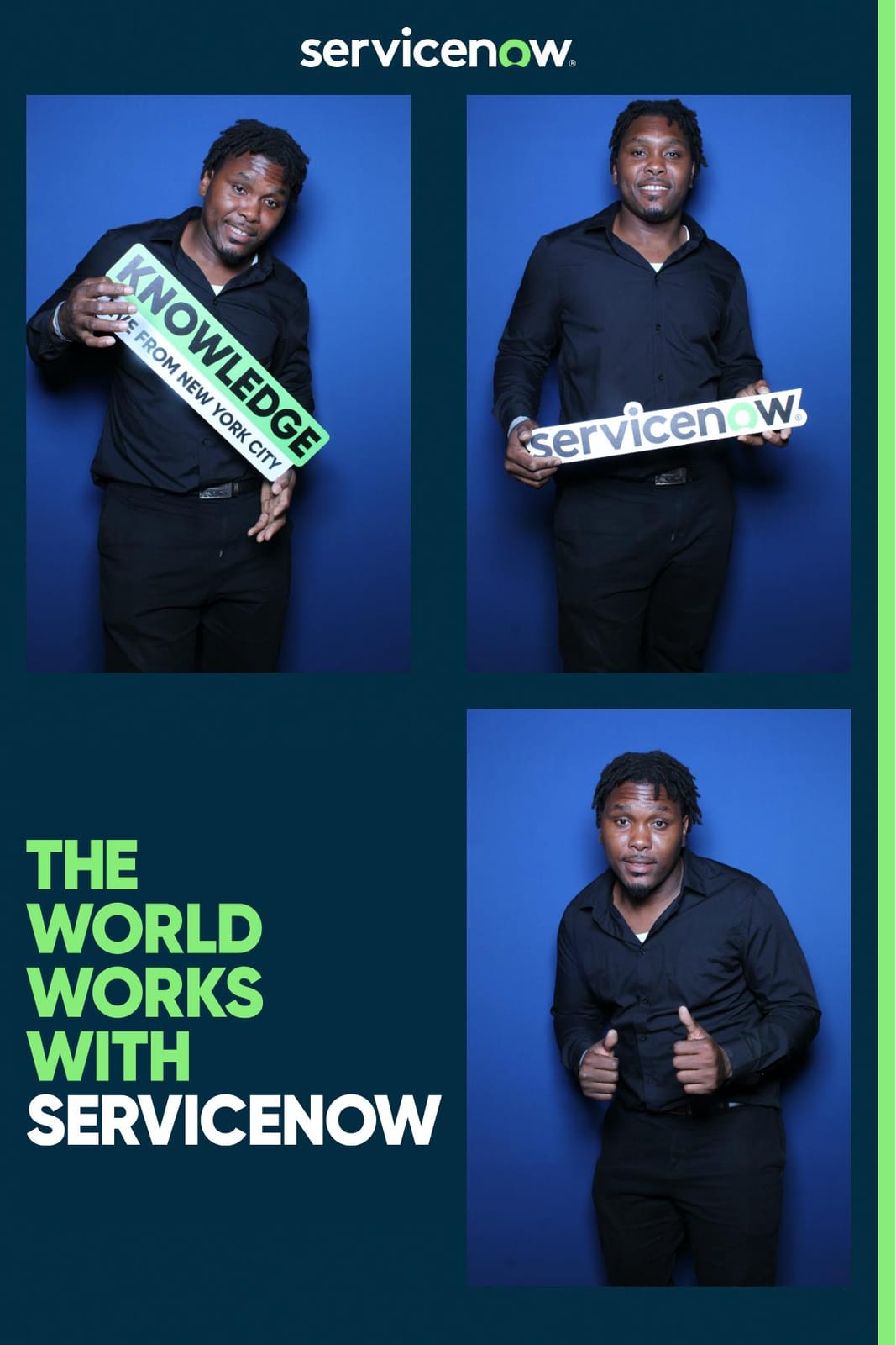 Two guests posing at the ServiceNow branded backdrop