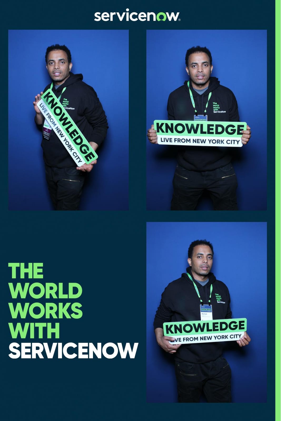 Conference attendees at the ServiceNow branded backdrop
