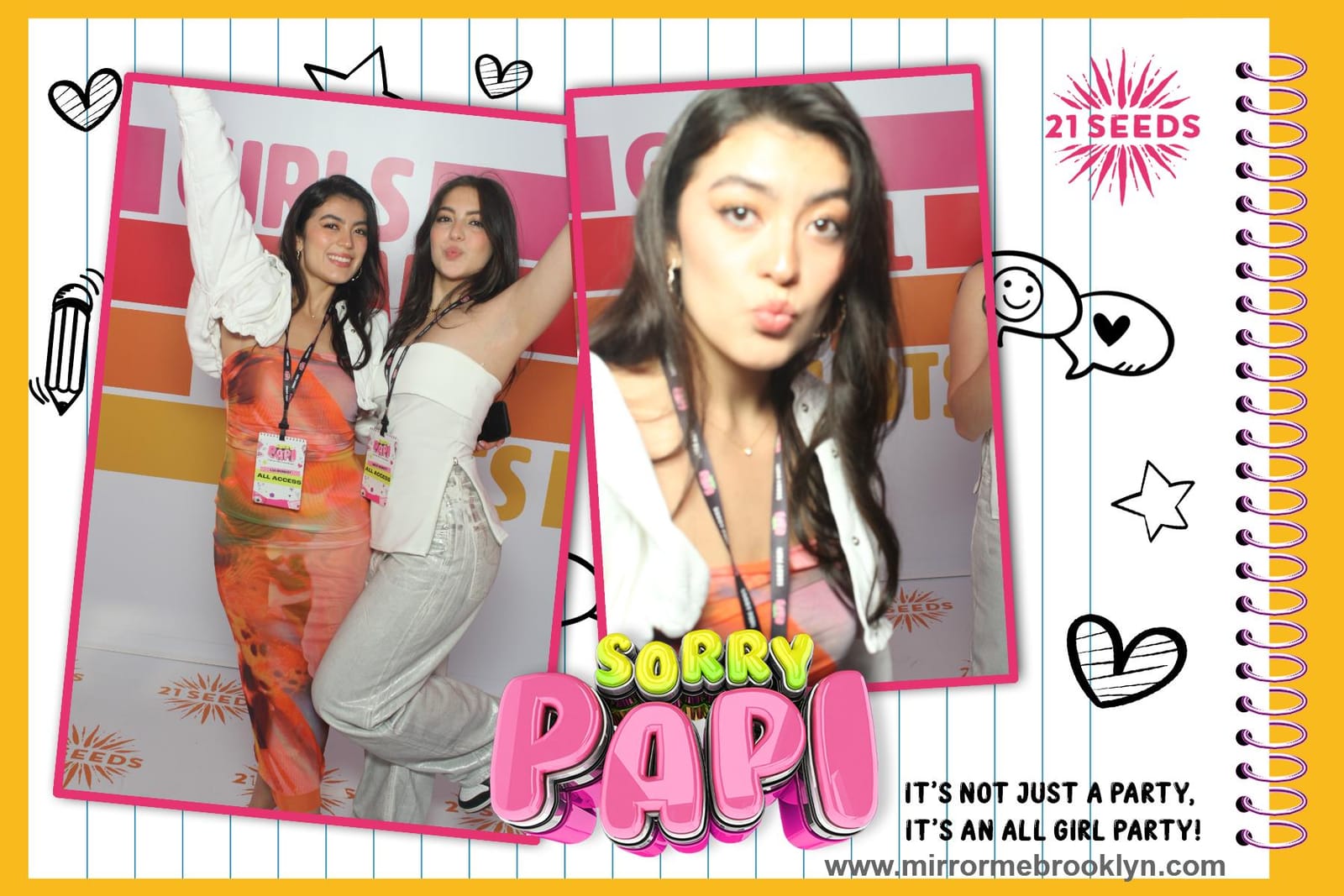 Group at the Sorry Papi party photo booth with the pink print frame