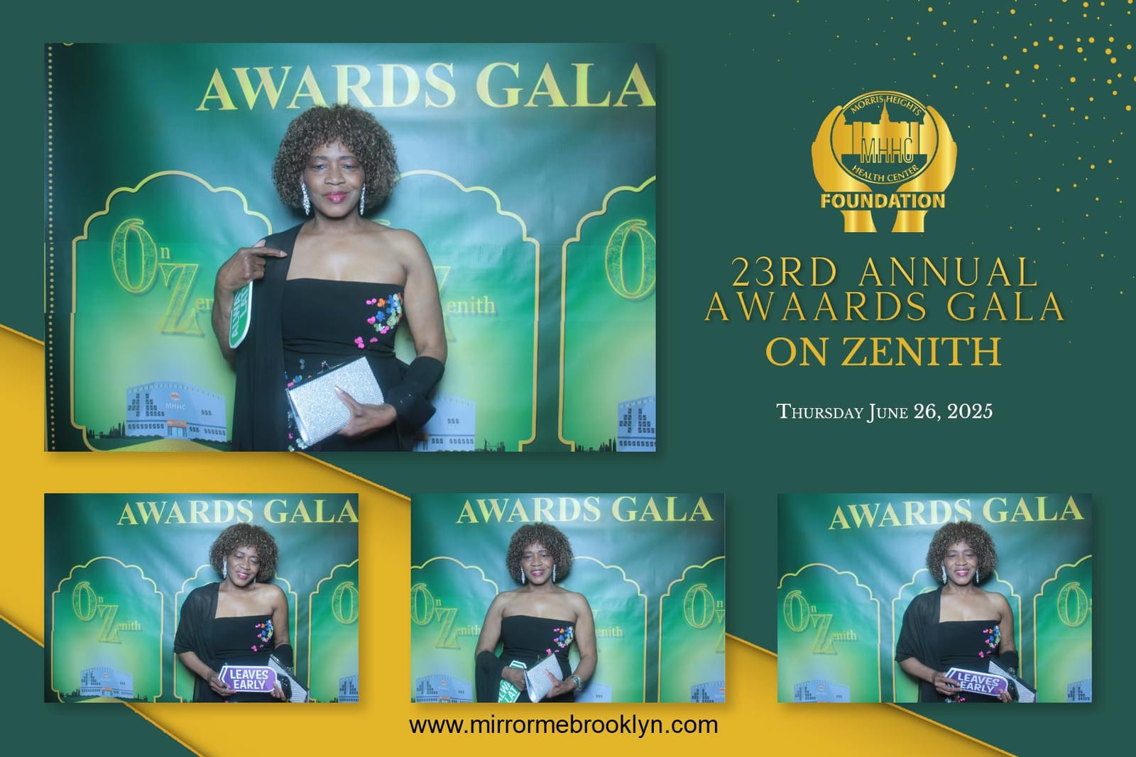 Guest posing at the 23rd Annual Awards Gala photo booth — emerald and gold print template
