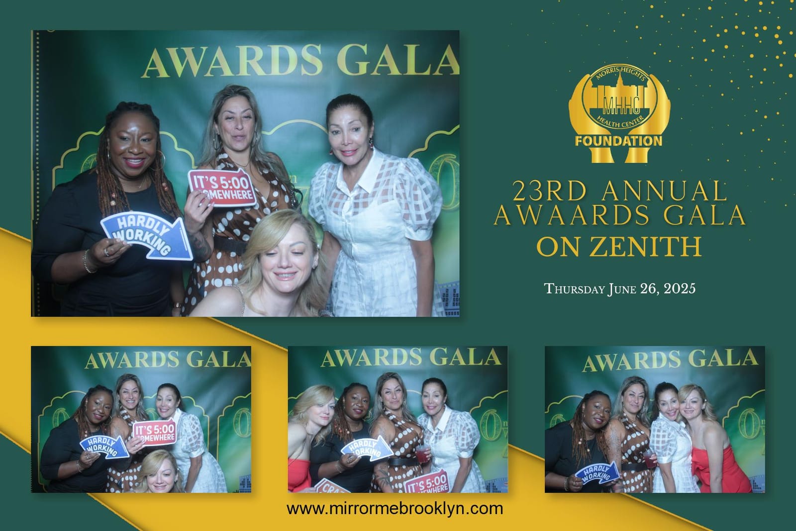 Gala attendees at the emerald backdrop photo booth
