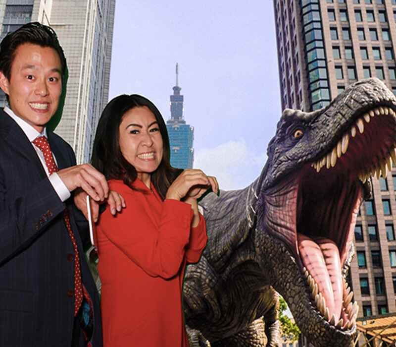 Finished green screen photo with a dinosaur city scene composited in